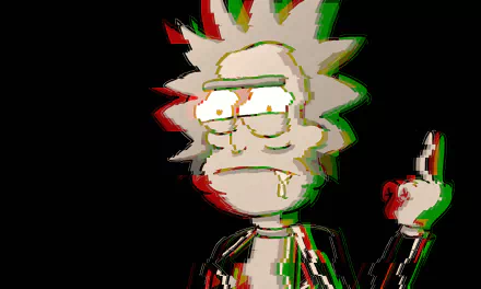 HD wallpaper featuring Rick Sanchez from the TV show Rick and Morty, with a glitch effect, black background, and Rick giving a nonchalant expression with an extended middle finger. 

