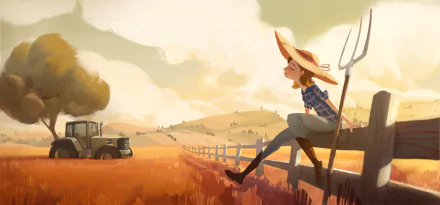 Artistic HD PC wallpaper showing a woman with a pitchfork sitting on a fence in a golden field, a tractor nearby, and a tree under a soft, cloudy sky.