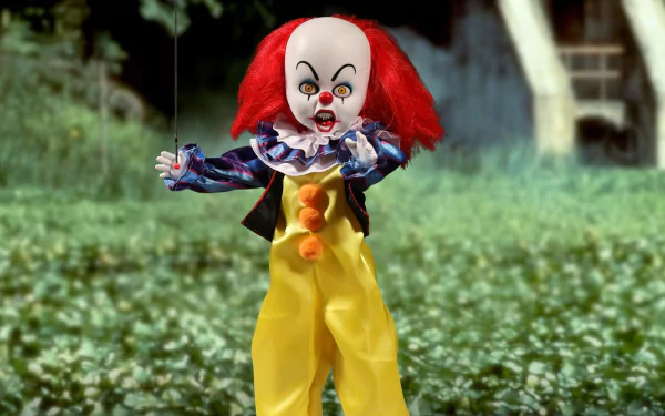 HD desktop wallpaper featuring a figurine of Pennywise from the 1990 movie It standing in a grassy field, with a creepy, colorful clown costume and red hair.