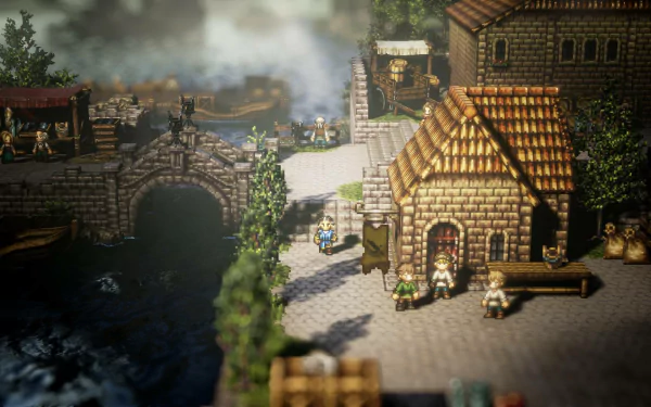 HD wallpaper from Octopath Traveler featuring a quaint village scene with cobblestone paths, rustic buildings, and a bridge over a stream.