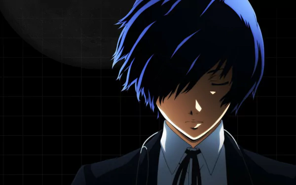 HD PC desktop wallpaper featuring Makoto Yuki (Minato Arisato) from the video game Persona 3, depicted in a dark, moody atmosphere with a grid background.
