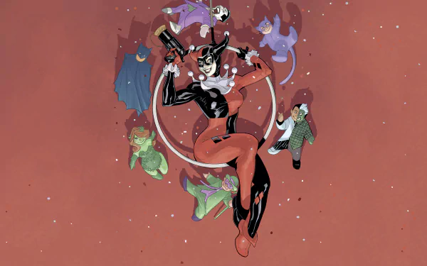 HD comic-style desktop wallpaper featuring Harley Quinn, surrounded by playful, colorful characters against a muted red background.