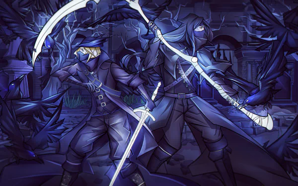 HD Bloodborne PC wallpaper featuring two masked warriors wielding scythes and swords, cloaked with crows and birds surrounding them in a dark, atmospheric setting.