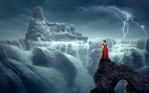 Fantasy Gods Neptune Lightning Water Statue Waterfall Mystical HD Wallpaper | Background Image