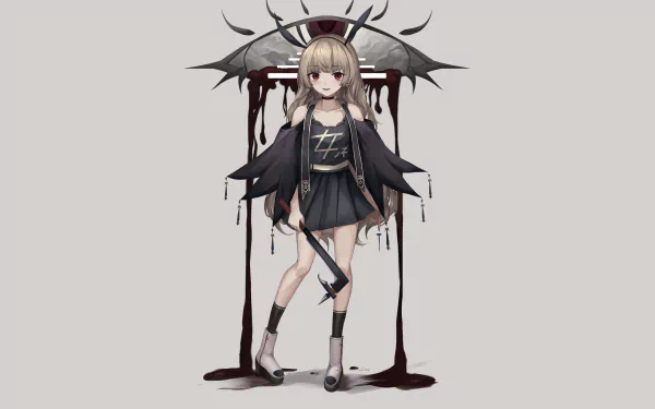Anime-style original character with red eyes and bunny ears, dressed in a dark outfit, holding a weapon, against a minimalistic backdrop, designed as an HD PC desktop wallpaper.