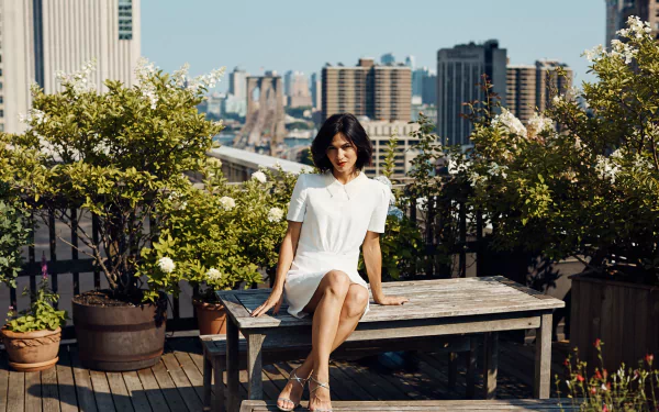 short hair lipstick French brunette depth of field white dress actress Celebrity Elodie Yung HD Desktop Wallpaper | Background Image