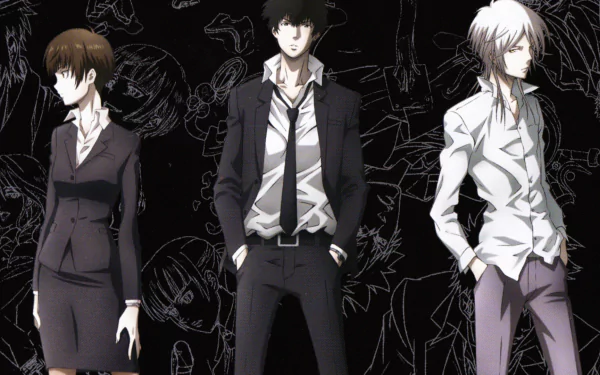 HD anime desktop wallpaper featuring Shinya Kogami, Shougo Makishima, and Akane Tsunemori from Psycho-Pass with detailed character designs and dark background art.