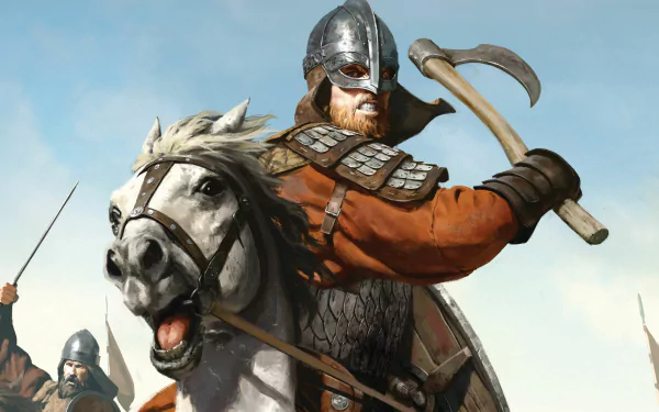 HD desktop wallpaper and background from the video game Mount & Blade II: Bannerlord, featuring a warrior in armor on horseback, wielding an axe, ready for battle.