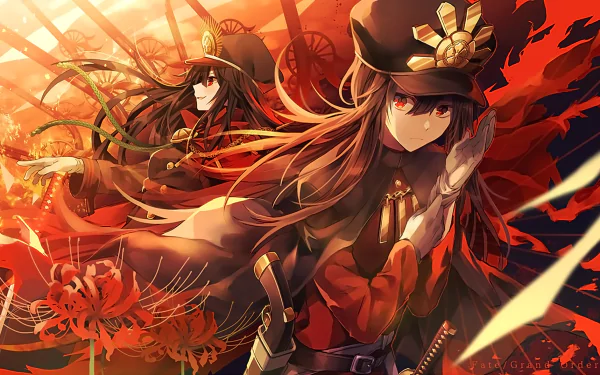 HD anime wallpaper featuring Oda Nobunaga, Oda Nobukatsu, and Demon Archer from Fate/Grand Order in a vivid, fiery background.