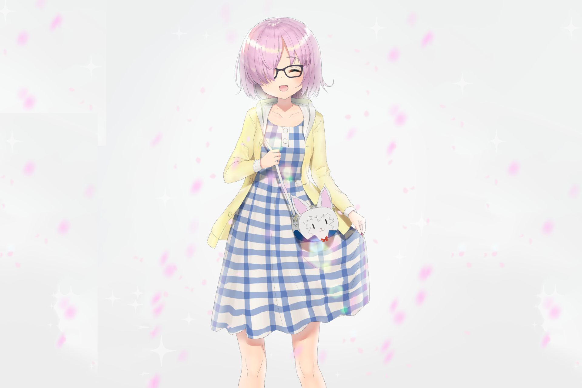 Shielder (Fate/Grand Order) in glasses and a yellow cardigan over a blue checkered dress, holding a plush — anime 2K Quad HD desktop wallpaper with cherry blossoms.