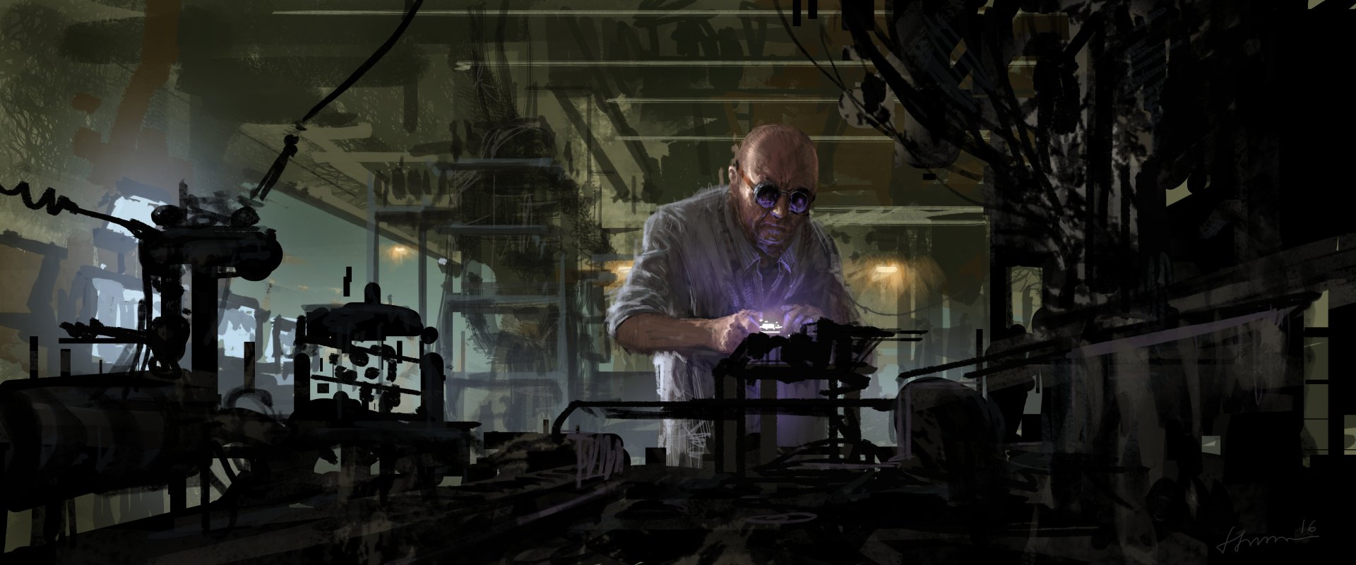 HD desktop wallpaper from the movie Spider-Man: Homecoming showing a character working intensely with tools in a dimly lit workshop.