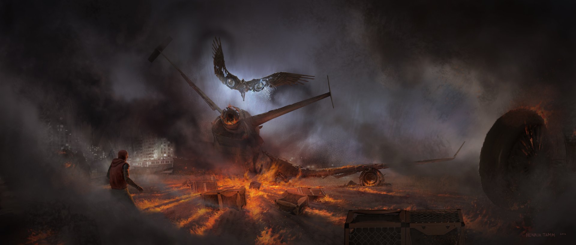 HD desktop wallpaper featuring a dramatic scene from Spider-Man: Homecoming with Spider-Man and Vulture amidst a fiery wreckage.
