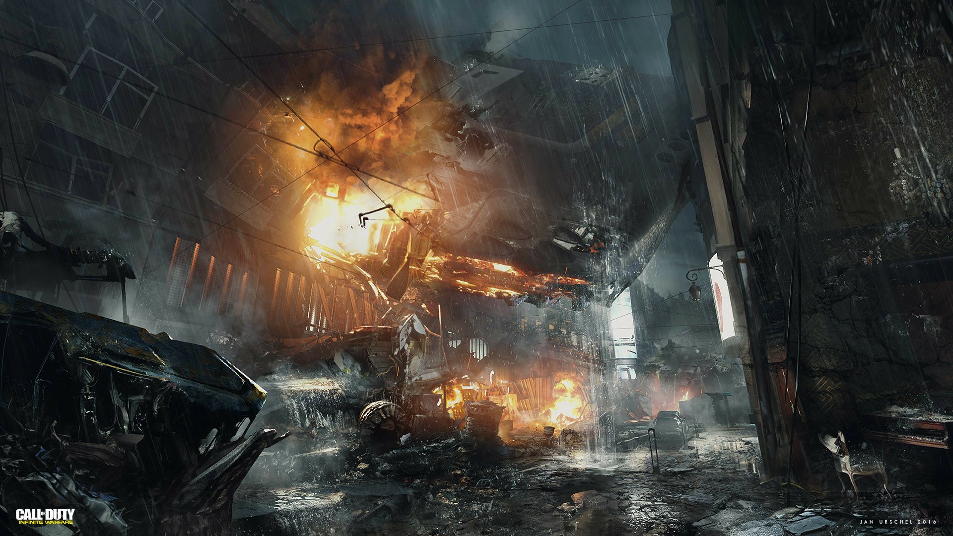 HD PC desktop wallpaper from the video game Call of Duty: Infinite Warfare, depicting a fiery urban battle scene with explosions and wreckage.