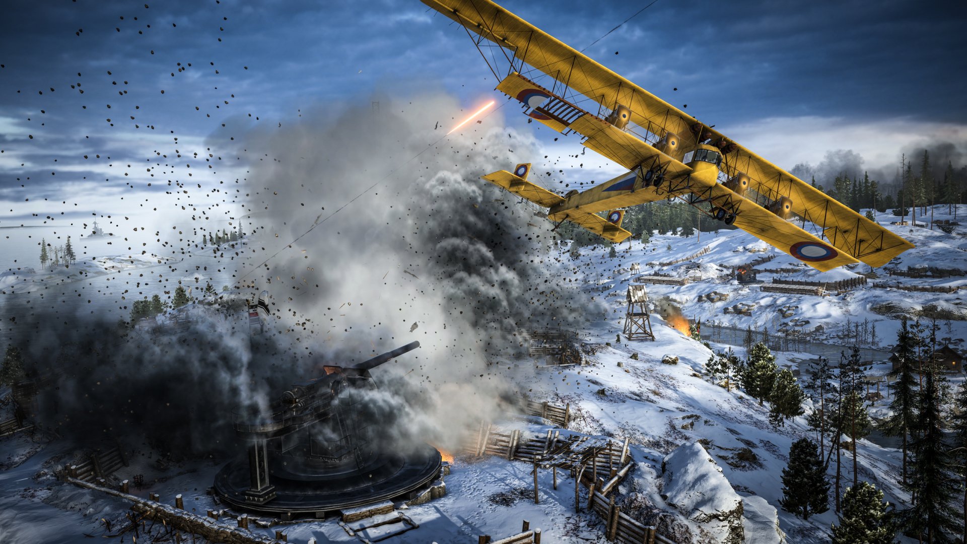 A dramatic Battlefield 1 scene featuring a yellow warplane launching an attack on an artillery position amidst winter terrain and smoke, showcasing intense aerial combat.