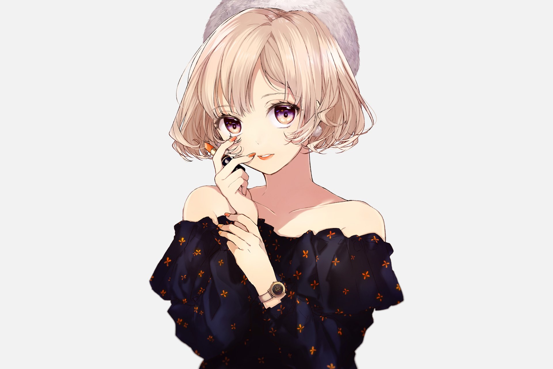 Download Lipstick Hat Short Hair Blonde Anime Original 4k Ultra HD