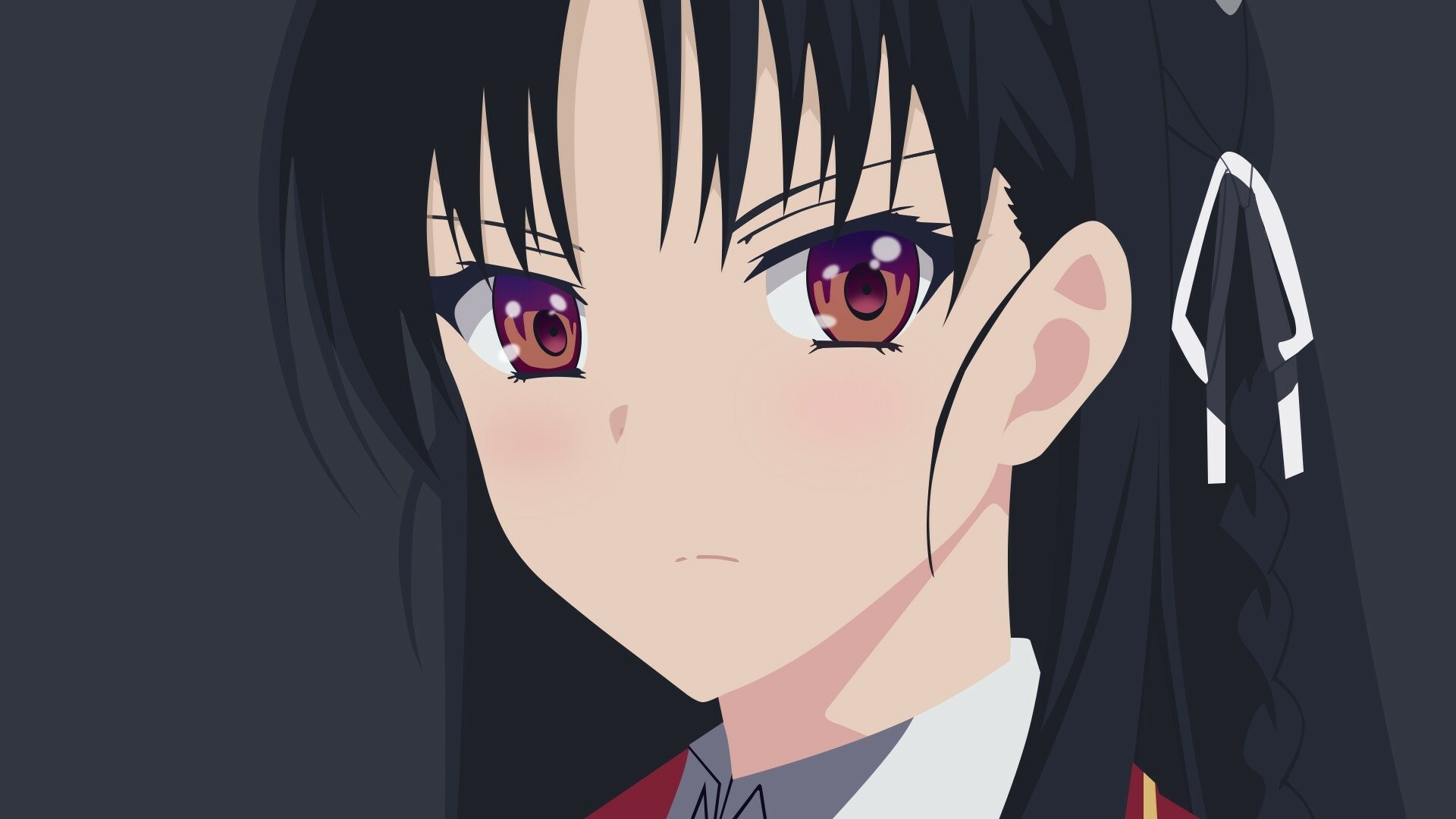 HD PC desktop wallpaper: close-up of Suzune Horikita from Classroom of the Elite, serious gaze, dark braided hair tied with white ribbon and red-trimmed school uniform.
