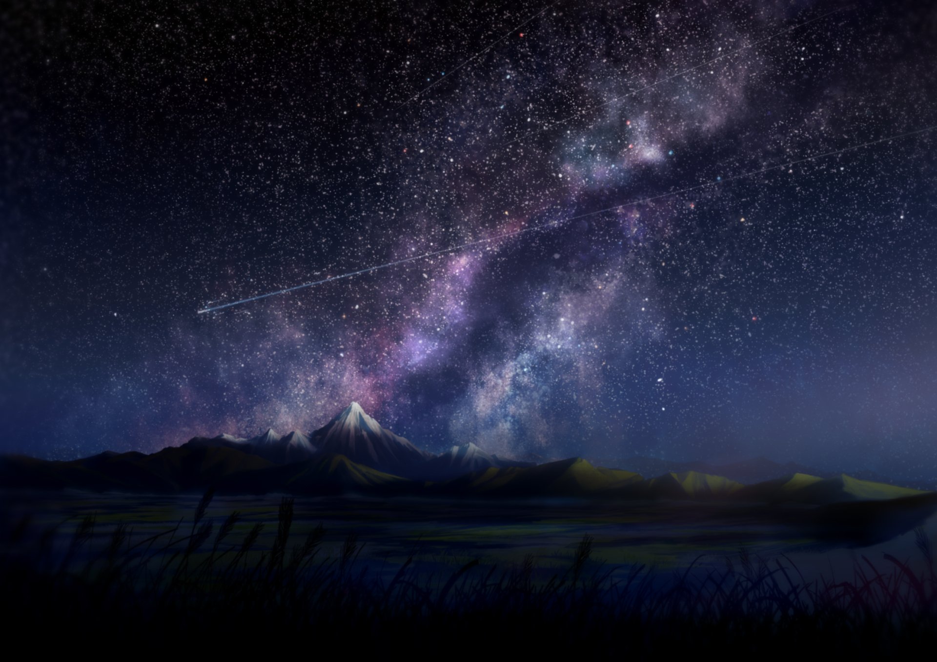 Anime-style HD wallpaper featuring a stunning starry sky over mountains, creating a serene and mesmerizing night scene.