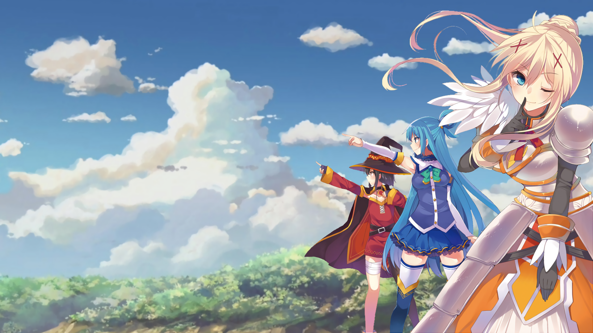 HD PC desktop wallpaper featuring Aqua, Darkness, and Megumin from the anime KonoSuba: God’s Blessing on This Wonderful World!! against a bright sky and lush landscape.