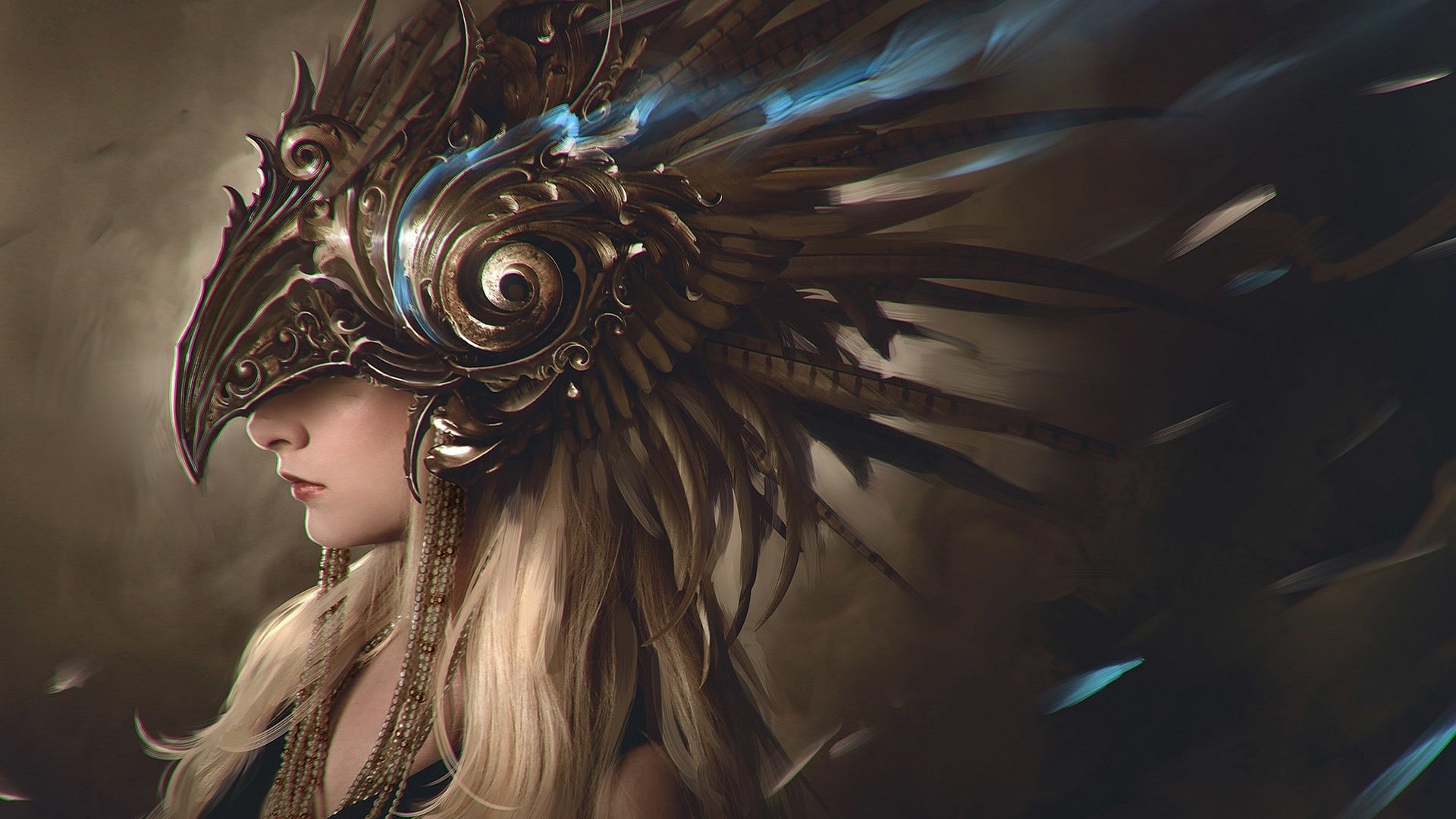 A fantasy-themed HD desktop wallpaper featuring a woman wearing an intricately designed helmet with bird-like features, set against a dramatic, dark background.