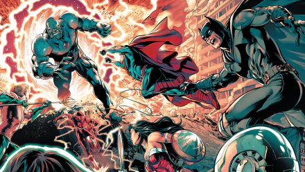 HD Justice League comic wallpaper featuring Flash, Aquaman, Wonder Woman, Batman, Superman, and Darkseid in a dynamic battle scene.