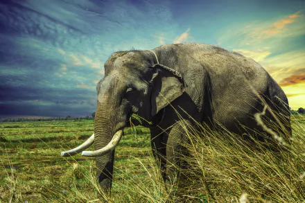 HD wallpaper of an Asian elephant in Thailand, standing in a field with dramatic sky colors in the background.