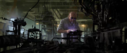 HD desktop wallpaper from the movie Spider-Man: Homecoming showing a character working intensely with tools in a dimly lit workshop.