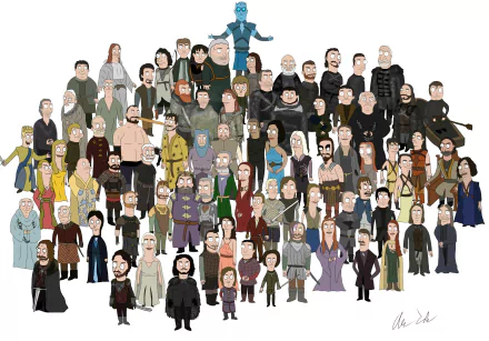 HD PC desktop wallpaper featuring stylized characters from the TV show Game of Thrones arranged together in a colorful, detailed illustration.