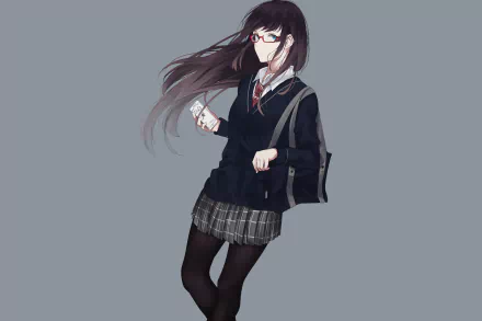 Anime-style 4K Ultra HD wallpaper of a long-haired black-haired schoolgirl wearing glasses, pantyhose, and a school uniform, set against a plain gray background.