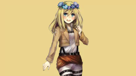 HD desktop wallpaper featuring Historia Reiss from Attack on Titan, smiling with blue eyes and a blush. She has blonde hair, wears a headdress made of flowers, and is dressed in anime-style attire.