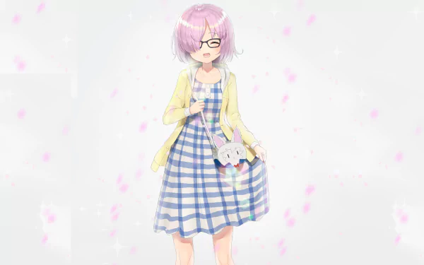 Shielder (Fate/Grand Order) in glasses and a yellow cardigan over a blue checkered dress, holding a plush — anime 2K Quad HD desktop wallpaper with cherry blossoms.