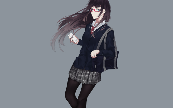 Anime Original Schoolgirl School Uniform Long Hair Black Hair Glasses Pantyhose HD Wallpaper | Background Image
