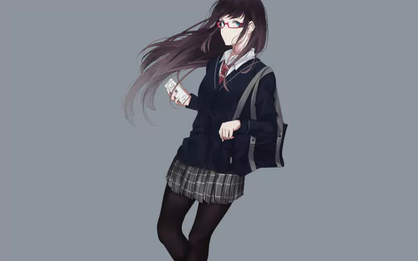 Anime-style 4K Ultra HD wallpaper of a long-haired black-haired schoolgirl wearing glasses, pantyhose, and a school uniform, set against a plain gray background.