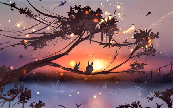 Anime Original Bunny Árbol Atardecer Fondo de pantalla HD | Fondo de Escritorio