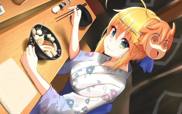 HD anime desktop wallpaper featuring Fujimaru Ritsuka and Saber from Fate/Grand Order, showcasing Saber in a floral yukata enjoying a meal with chopsticks.