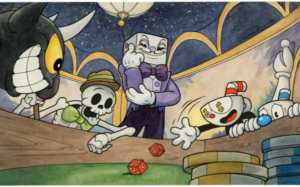 HD wallpaper of Cuphead characters: Cuphead, Mugman, The Devil, and King Dice in a dramatic gaming scene.