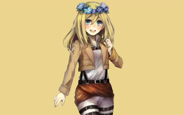 HD desktop wallpaper featuring Historia Reiss from Attack on Titan, smiling with blue eyes and a blush. She has blonde hair, wears a headdress made of flowers, and is dressed in anime-style attire.
