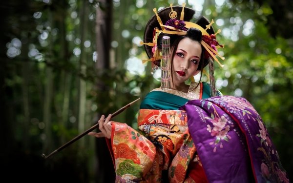 Women Geisha Headdress Lipstick Traditional Costume Asian Depth Of Field Bokeh Pipe Brunette HD Wallpaper | Background Image