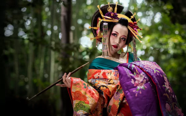 brunette pipe bokeh depth of field asian traditional costume lipstick headdress woman geisha HD Desktop Wallpaper | Background Image