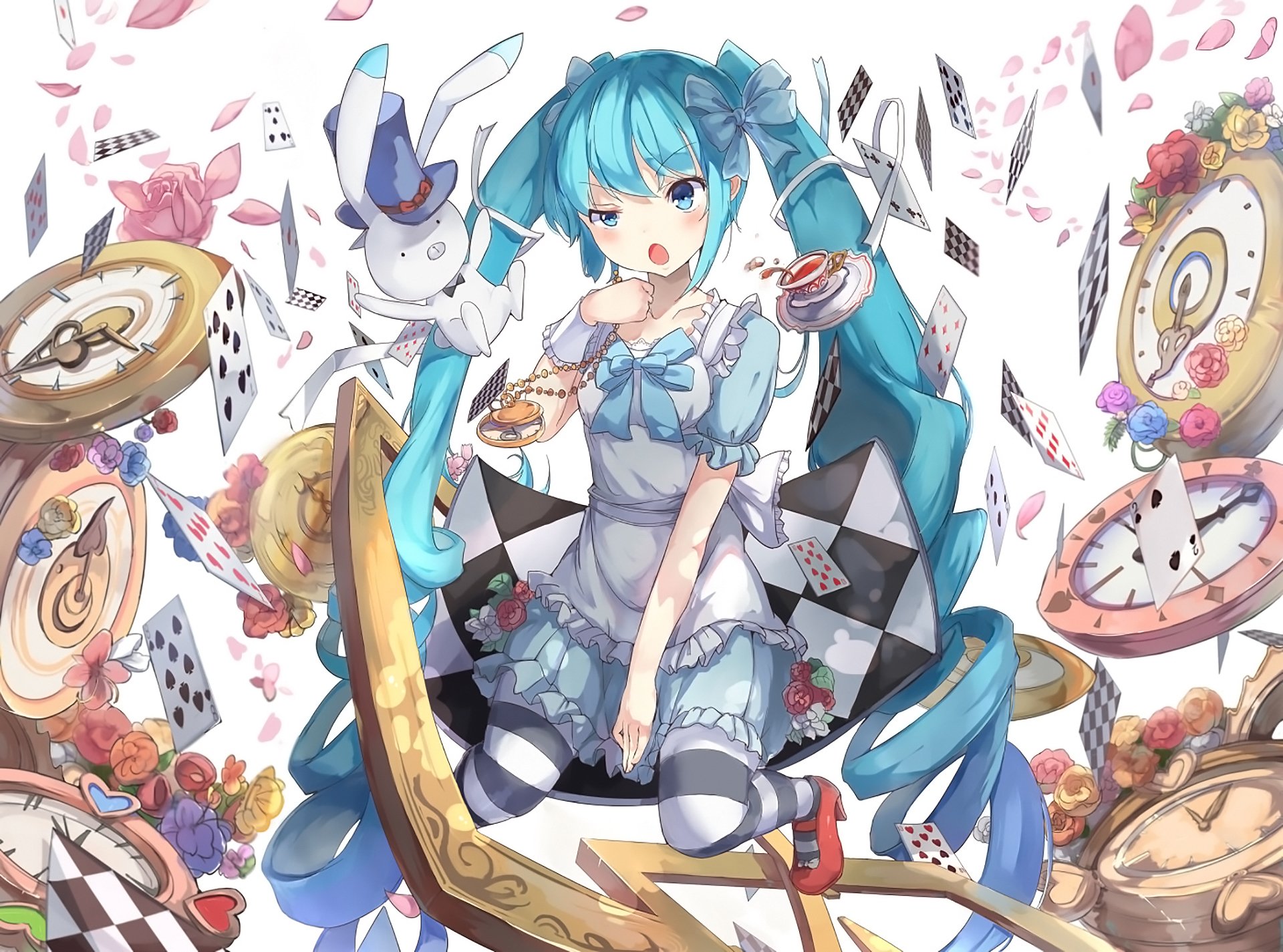 HD anime wallpaper featuring Hatsune Miku in a whimsical, clock-themed setting with floating playing cards and roses, inspired by Vocaloid aesthetics.