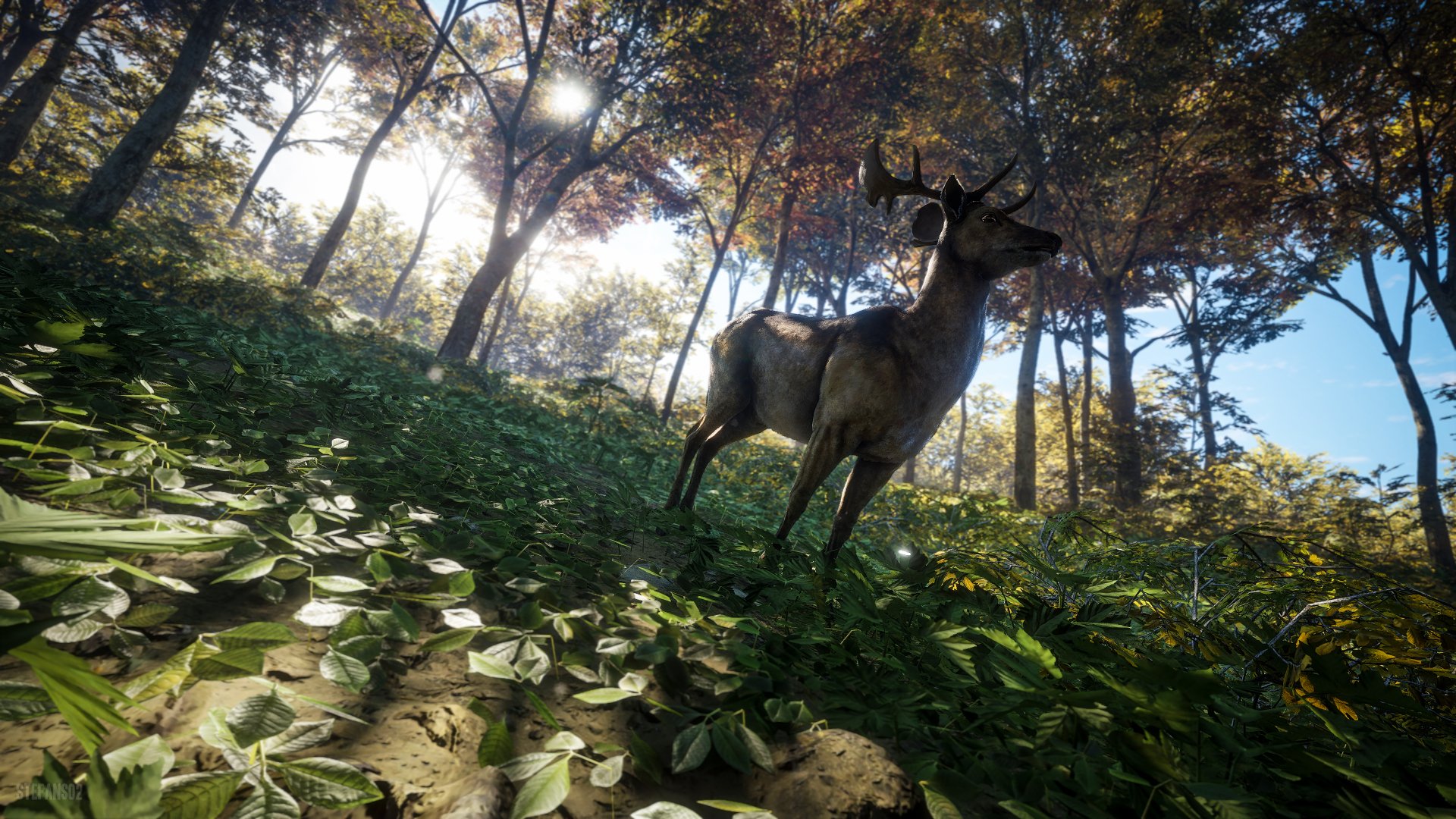 A majestic deer stands in a sunlit forest clearing, captured in stunning 4K Ultra HD from the video game theHunter: Call of The Wild.