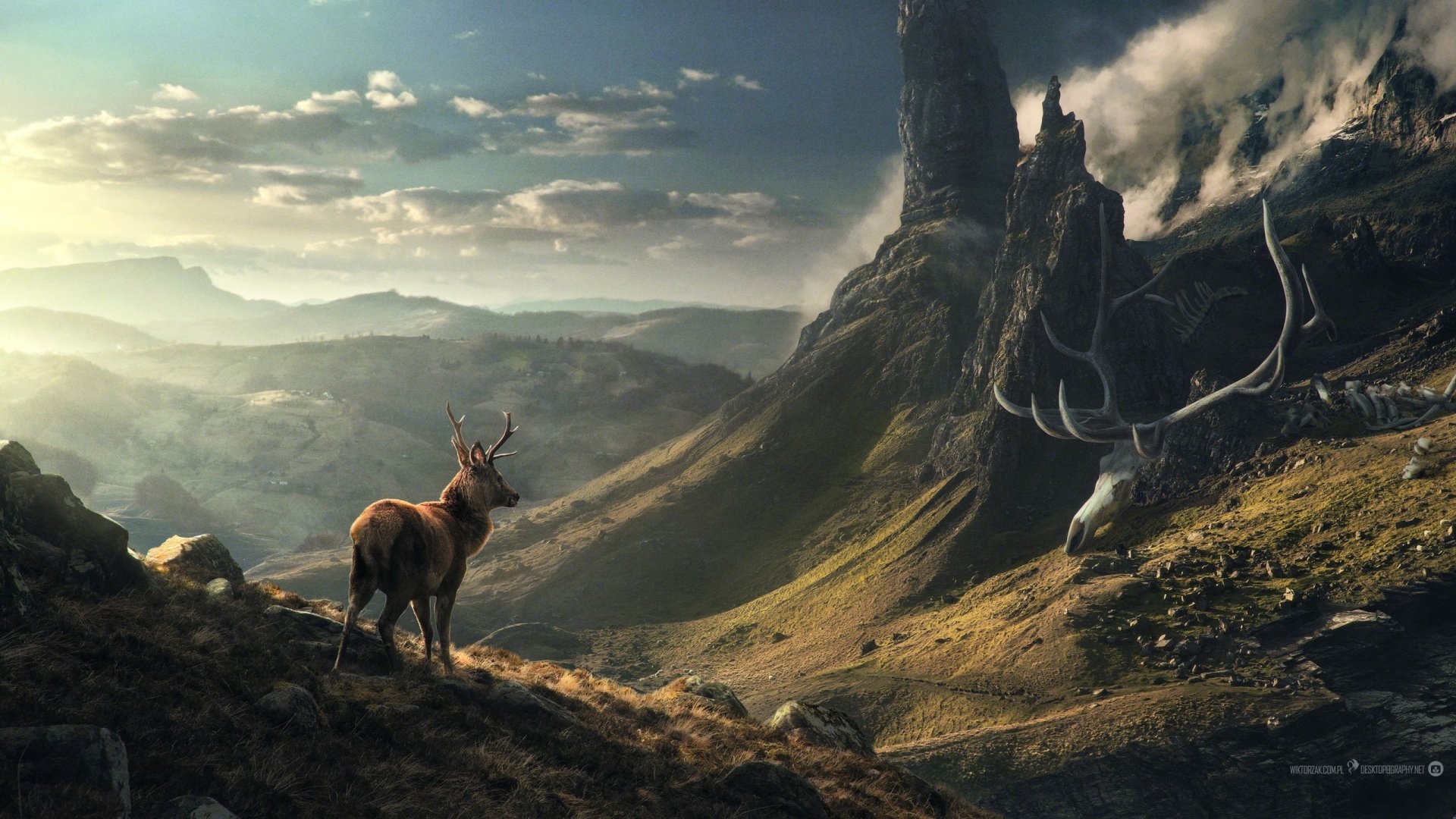 A stunning HD fantasy landscape wallpaper features a majestic deer overlooking a mountainous, artistic terrain, tagged with Desktopography.