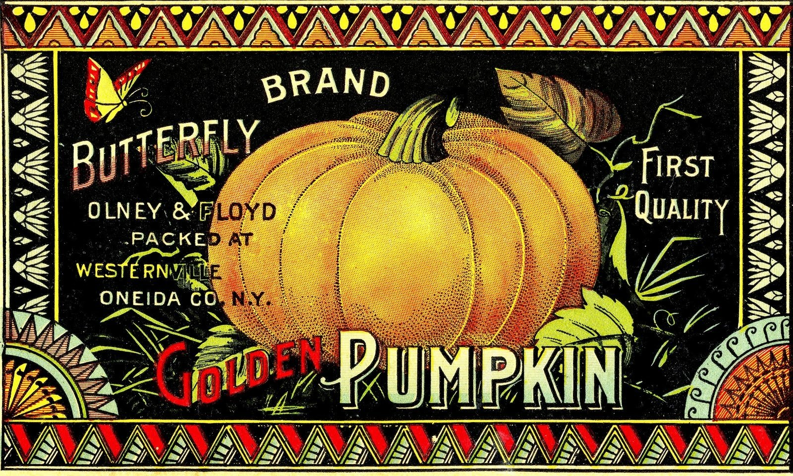 HD PC desktop wallpaper featuring vintage-style Halloween holiday design with a large golden pumpkin, intricate borders, and colorful typography.