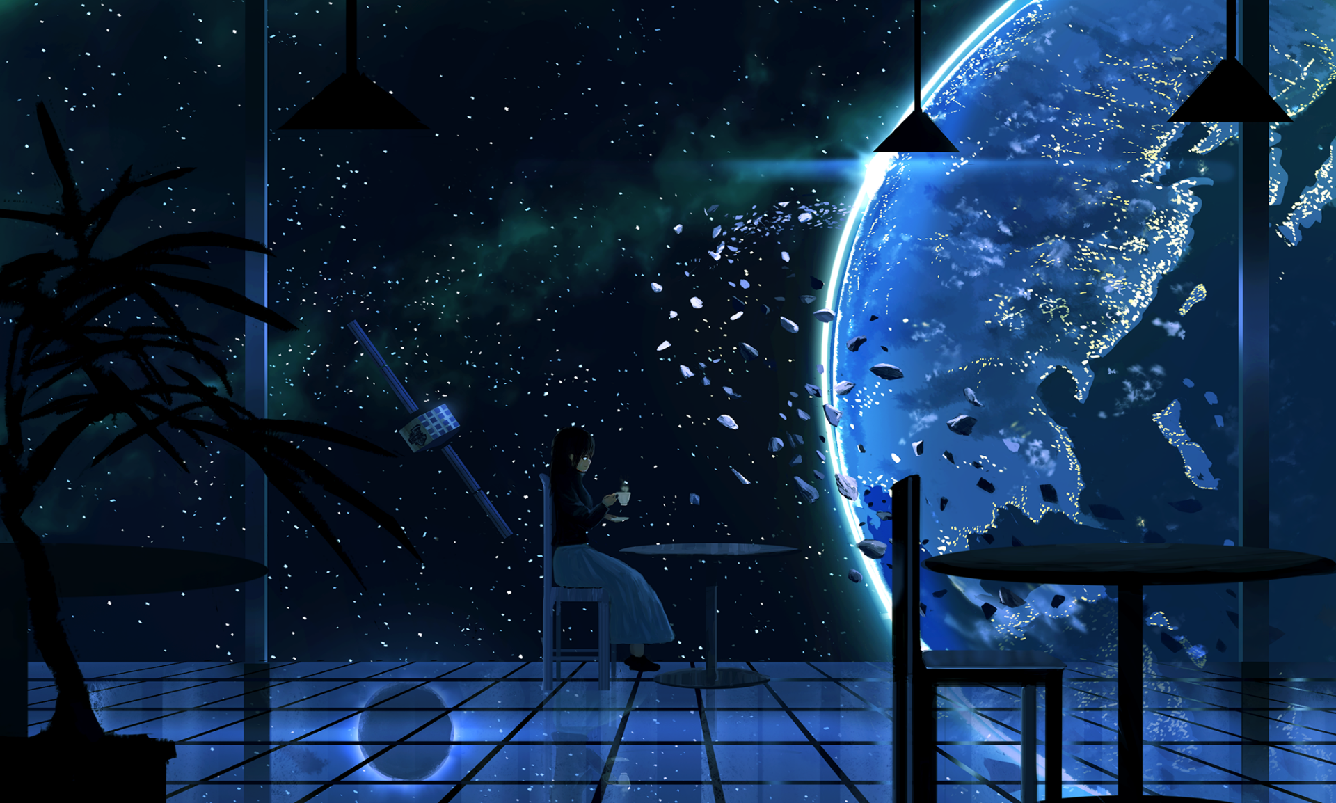 A serene anime scene featuring a lone figure sitting in a futuristic café at night, gazing at planet Earth from space. This HD desktop wallpaper showcases vivid blues and intricate details.