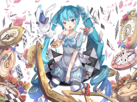 HD anime wallpaper featuring Hatsune Miku in a whimsical, clock-themed setting with floating playing cards and roses, inspired by Vocaloid aesthetics.