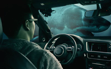 A surreal 4K Ultra HD desktop wallpaper showing a man inside a car with a massive shark outside, blending photography and digital manipulation for a dramatic effect.