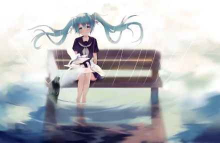 Hatsune Miku from Vocaloid sits on a bench with flowing teal hair in a dreamy, rain-soaked anime scene, rendered as a 4K Ultra HD PC desktop wallpaper.