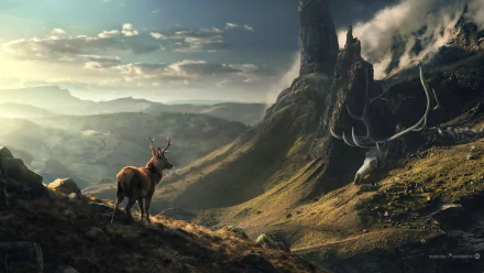 A stunning HD fantasy landscape wallpaper features a majestic deer overlooking a mountainous, artistic terrain, tagged with Desktopography.