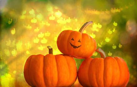 A 4K Ultra HD Halloween-themed desktop wallpaper showing three bright orange pumpkins, one carved with a smiling face, glowing against a soft, warm bokeh background.