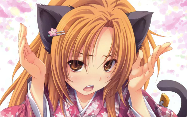 Anime-style HD PC desktop wallpaper featuring a character from Oda Nobuna No Yabou with cat ears, wearing a floral kimono against a soft pink floral background.