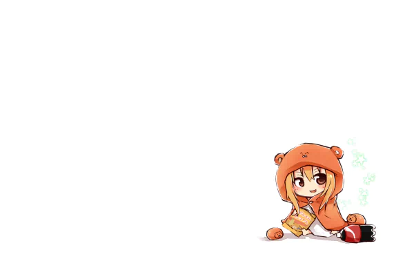 HD anime desktop wallpaper featuring Umaru Doma from Himouto! Umaru-chan, depicted in her iconic orange hamster hoodie against a white background.
